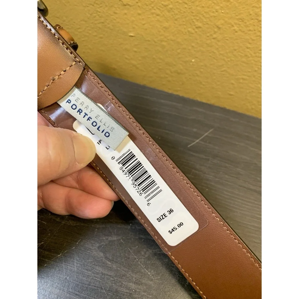 New Perry Ellis Portfolio Genuine Leather Brown Dress Belt Gun Metal - Size 36